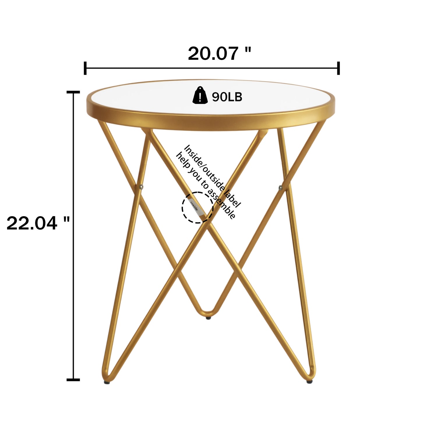 KirKasa Round End Table with White Tempered Glass Golden Legs and Metal Frame, Mid Century Modern Side Table for Small Space Living Room