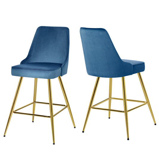 KirKasa Counter Height Bar Stools Set of 2 with Gold Legs Upholstered Velvet 26" BarStools with Back for Island Kitchen Dining Room