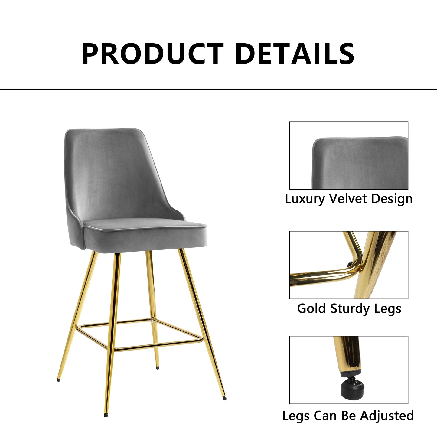 KirKasa Counter Height Bar Stools Set of 2 with Gold Legs Upholstered Velvet 26" BarStools with Back for Island Kitchen Dining Room