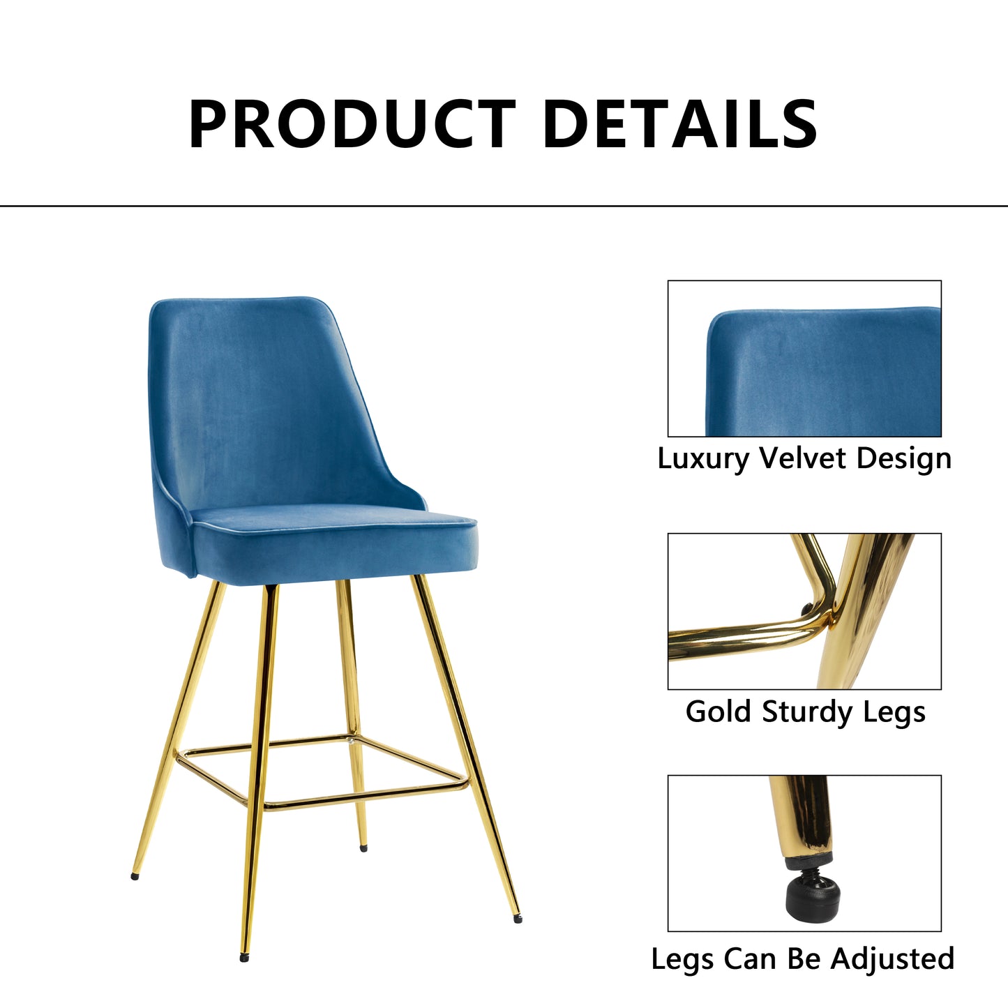 KirKasa Counter Height Bar Stools Set of 2 with Gold Legs Upholstered Velvet 26" BarStools with Back for Island Kitchen Dining Room