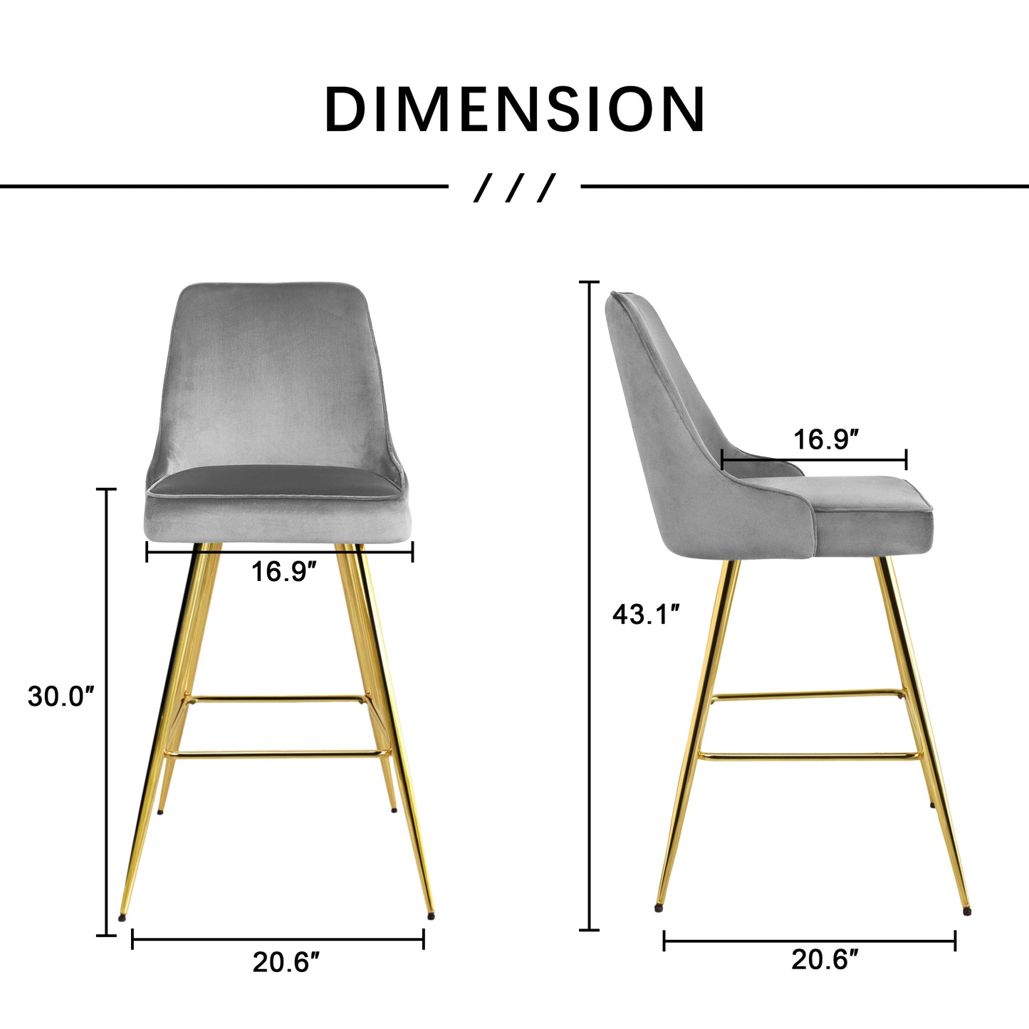 KirKasa Counter Height Bar Stools Set of 2 with Gold Legs Upholstered Velvet 26" BarStools with Back for Island Kitchen Dining Room