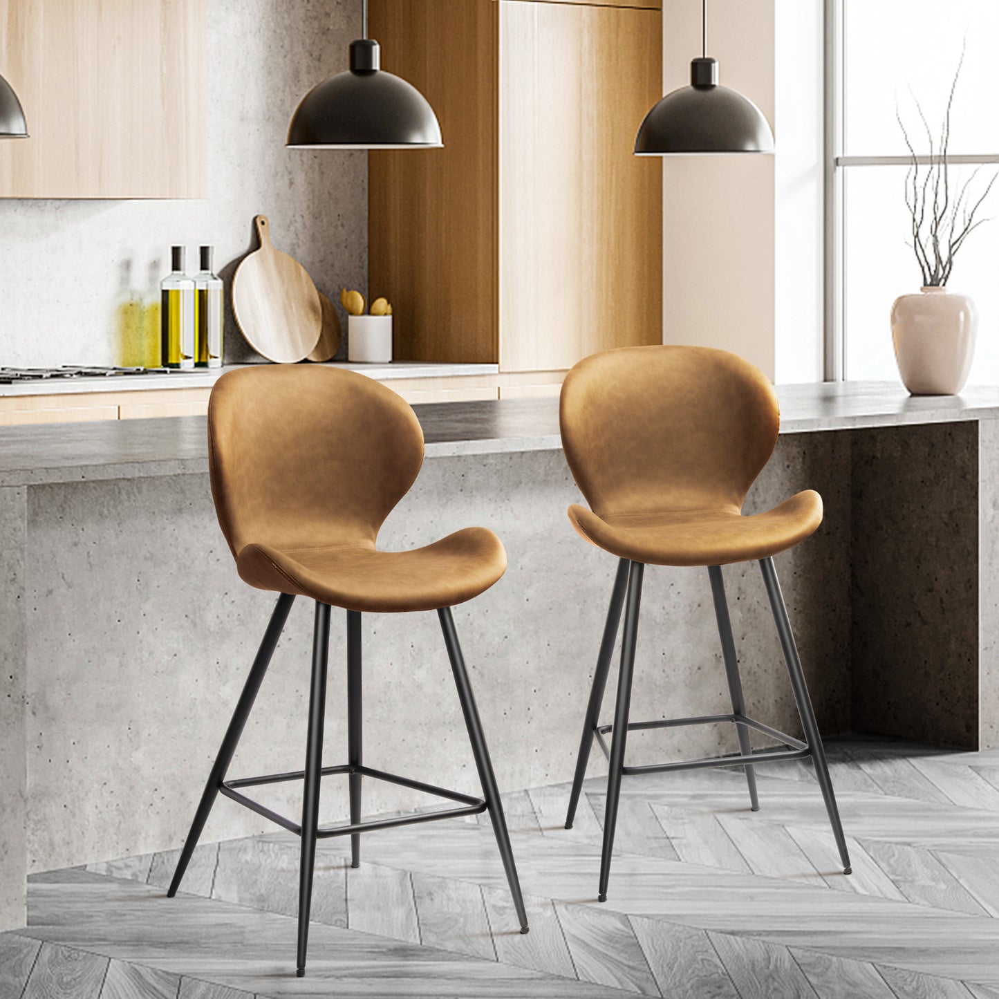 KirKasa Counter Height Bar Stools Set of 2 with Back, Mid Century Modern PU Leather 26" Kitchen Island Barstools with Metal Legs for Dining Room Kitchen Counter Pub Grey