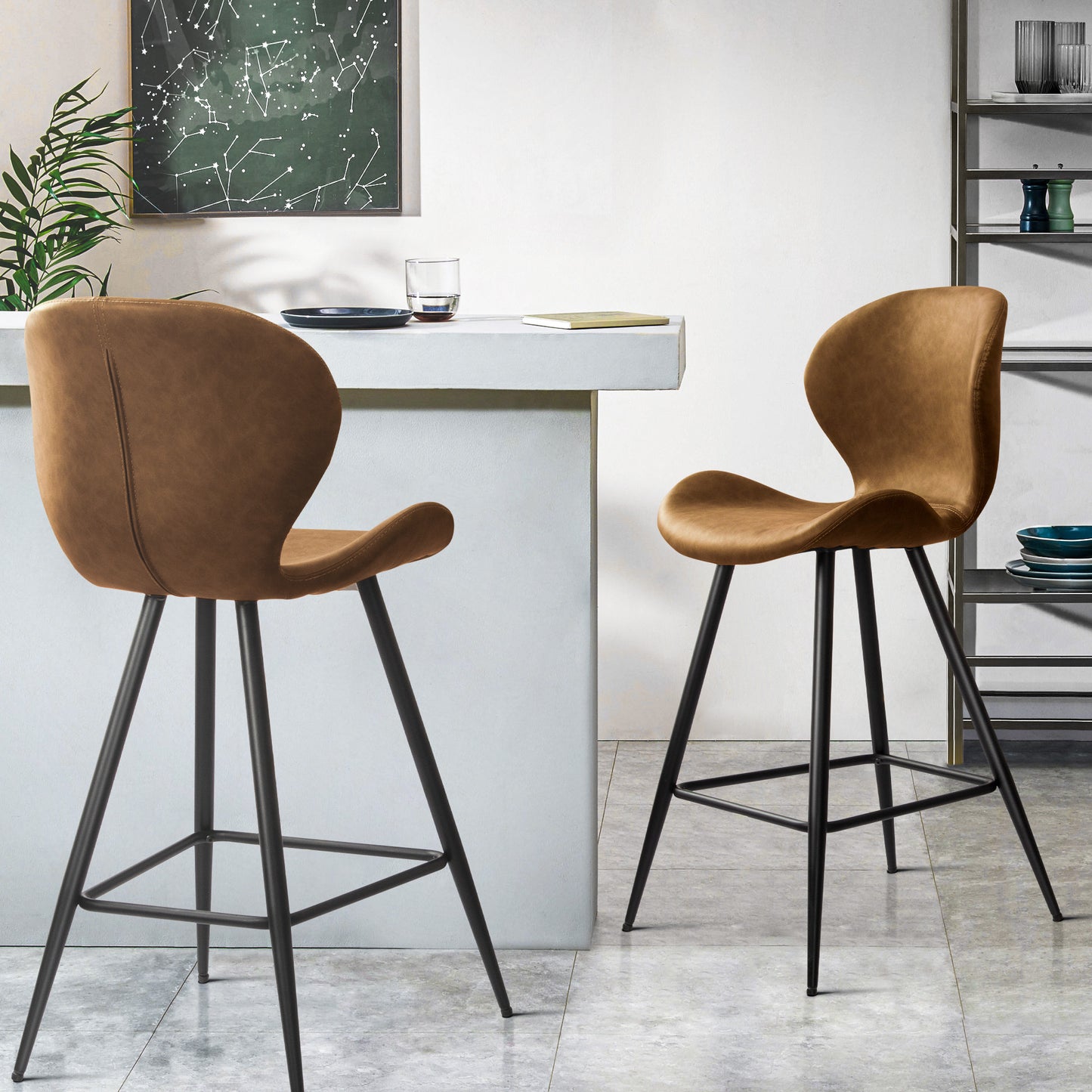 KirKasa Counter Height Bar Stools Set of 2 with Back, Mid Century Modern PU Leather 26" Kitchen Island Barstools with Metal Legs for Dining Room Kitchen Counter Pub Grey