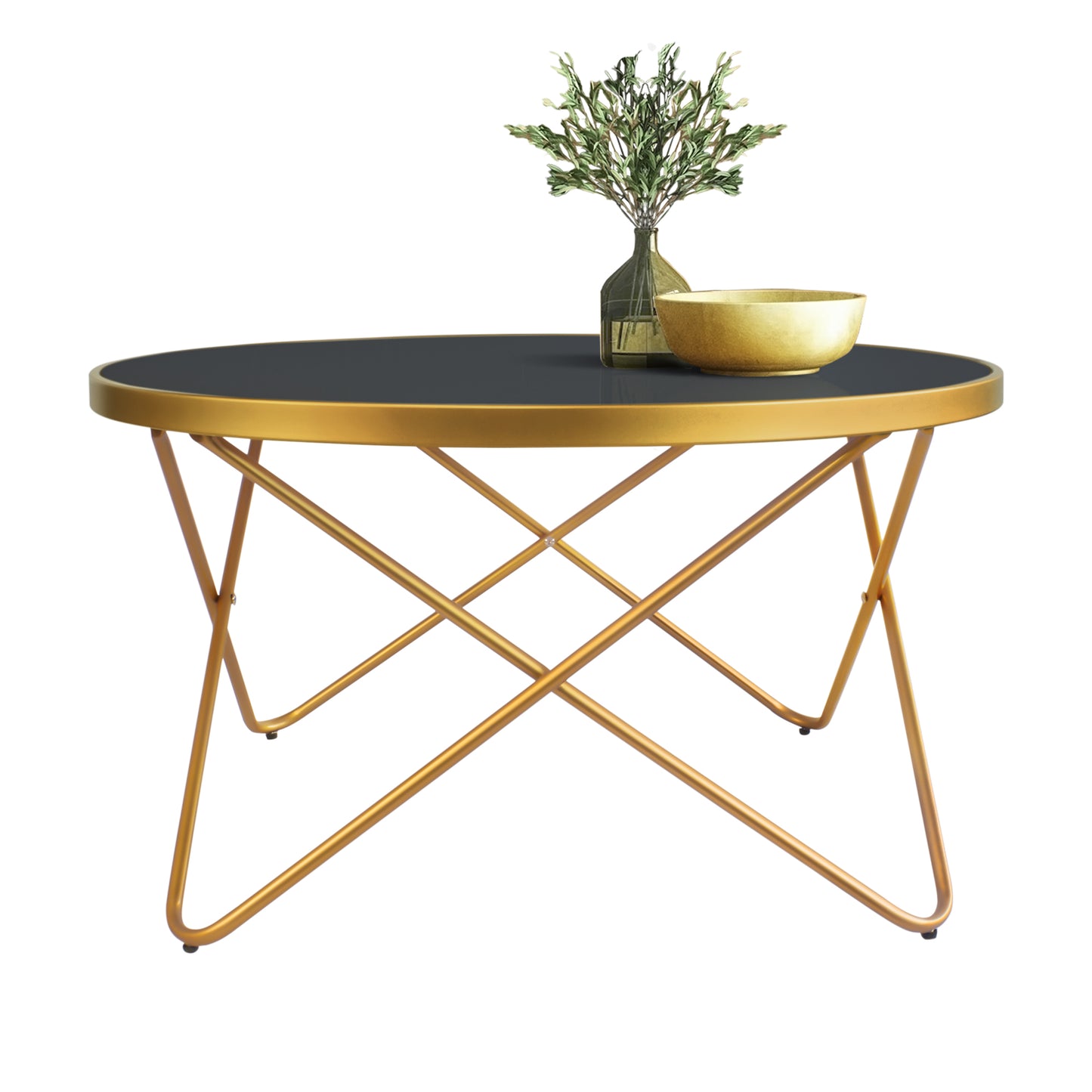 KirKasa Mid Century Modern Round Gold Coffee Table with White Glass and Metal Frame Central Table for Living Room Recepetion Room