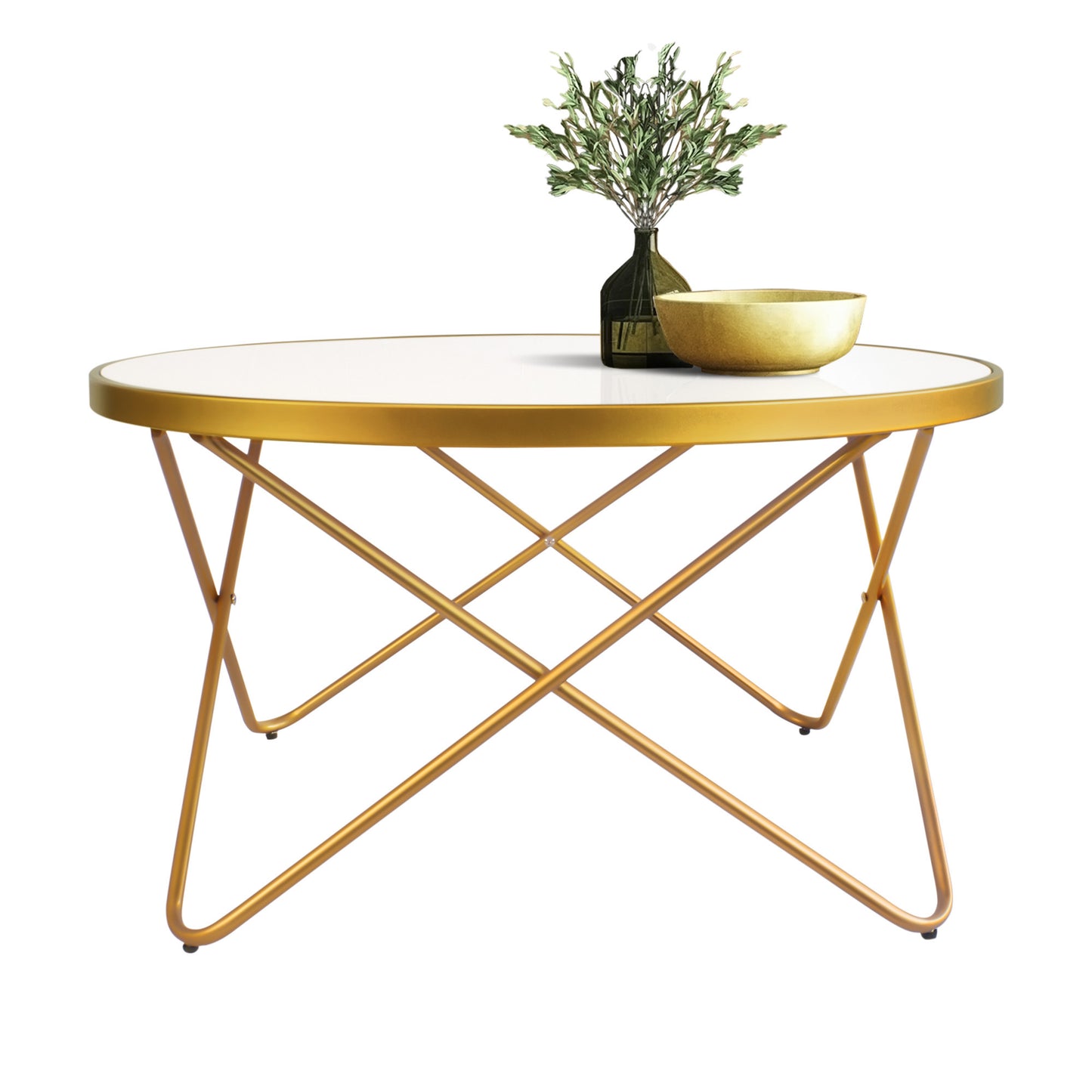 KirKasa Mid Century Modern Round Gold Coffee Table with White Glass and Metal Frame Central Table for Living Room Recepetion Room