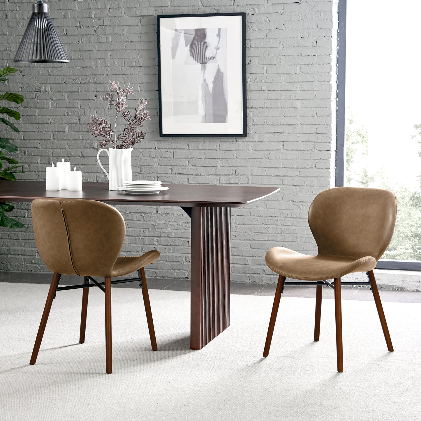 KirKasa Mid Century Modern Dining Chair Set of 2 Faux Leather Side Chair with Walnut Color Wood Legs for Kitchen Dining Room, Brown