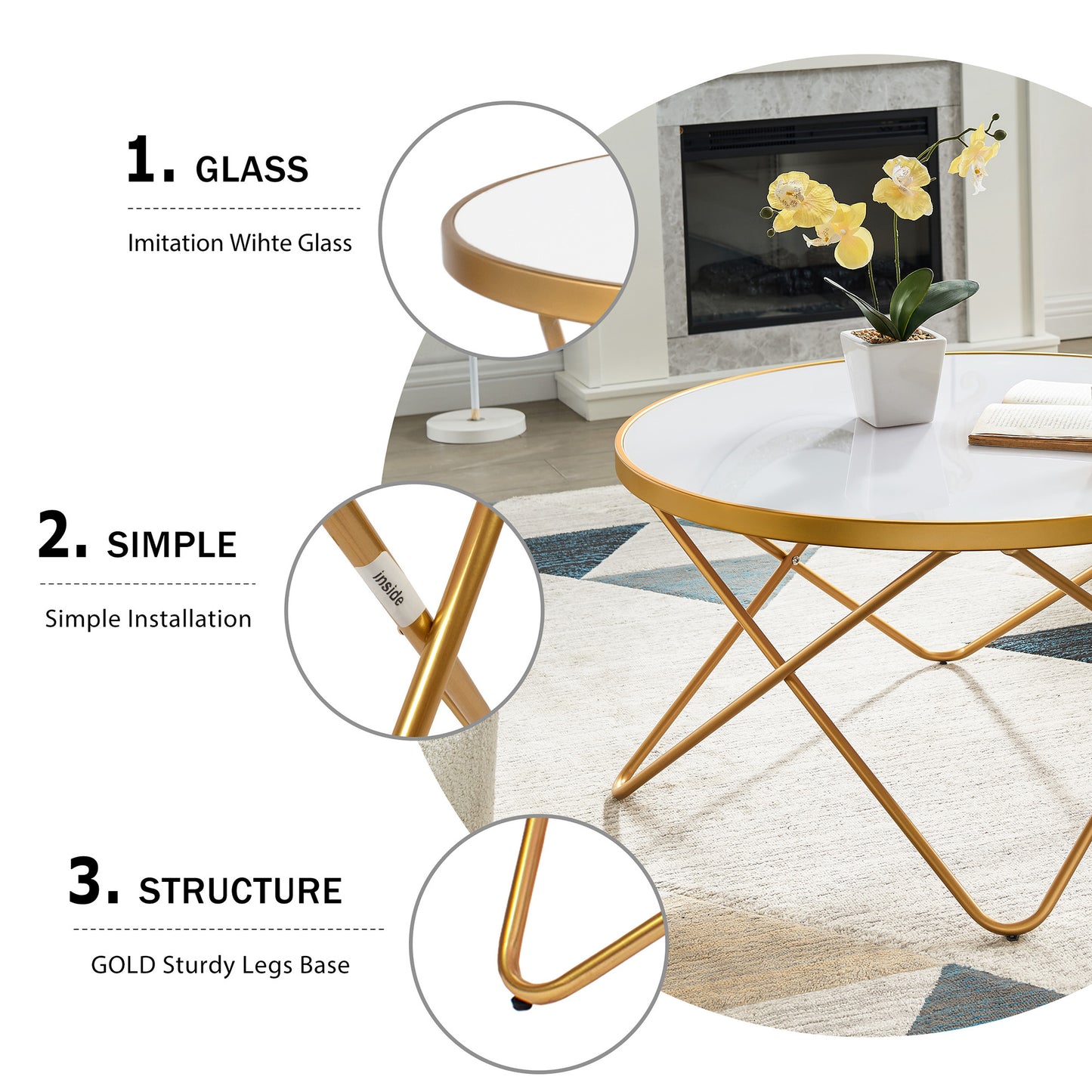 KirKasa Mid Century Modern Round Gold Coffee Table with White Glass and Metal Frame Central Table for Living Room Recepetion Room