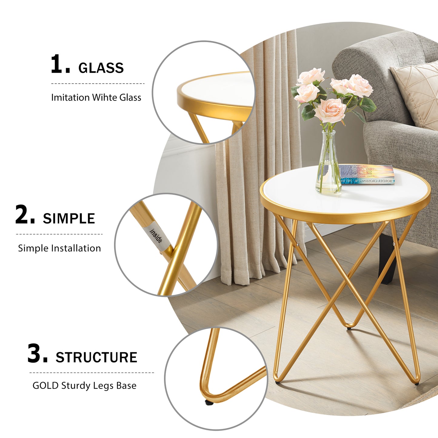 KirKasa Round End Table with White Tempered Glass Golden Legs and Metal Frame, Mid Century Modern Side Table for Small Space Living Room