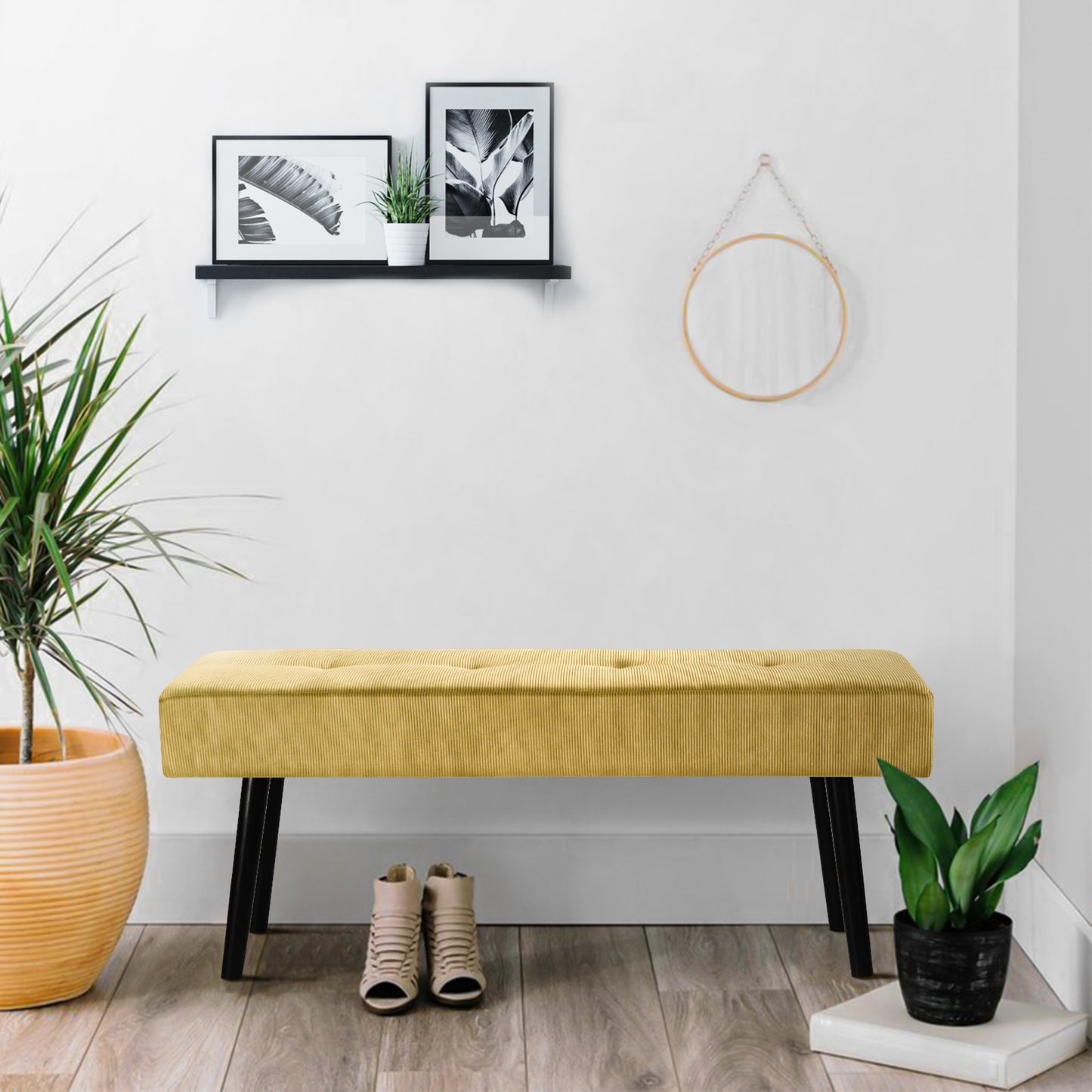 KirKasa Entryway Bench - Yellow Bench for Bedroom, Modern Ottoman End of Bed, Corduroy Padded Benches for Living Room, Foyer, Mudroom, Hallway - 39" L x 14" W x 17" H