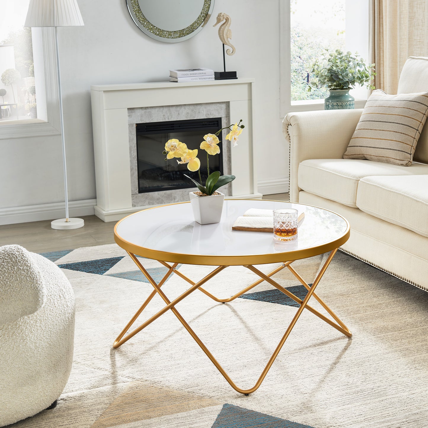 KirKasa Mid Century Modern Round Gold Coffee Table with White Glass and Metal Frame Central Table for Living Room Recepetion Room