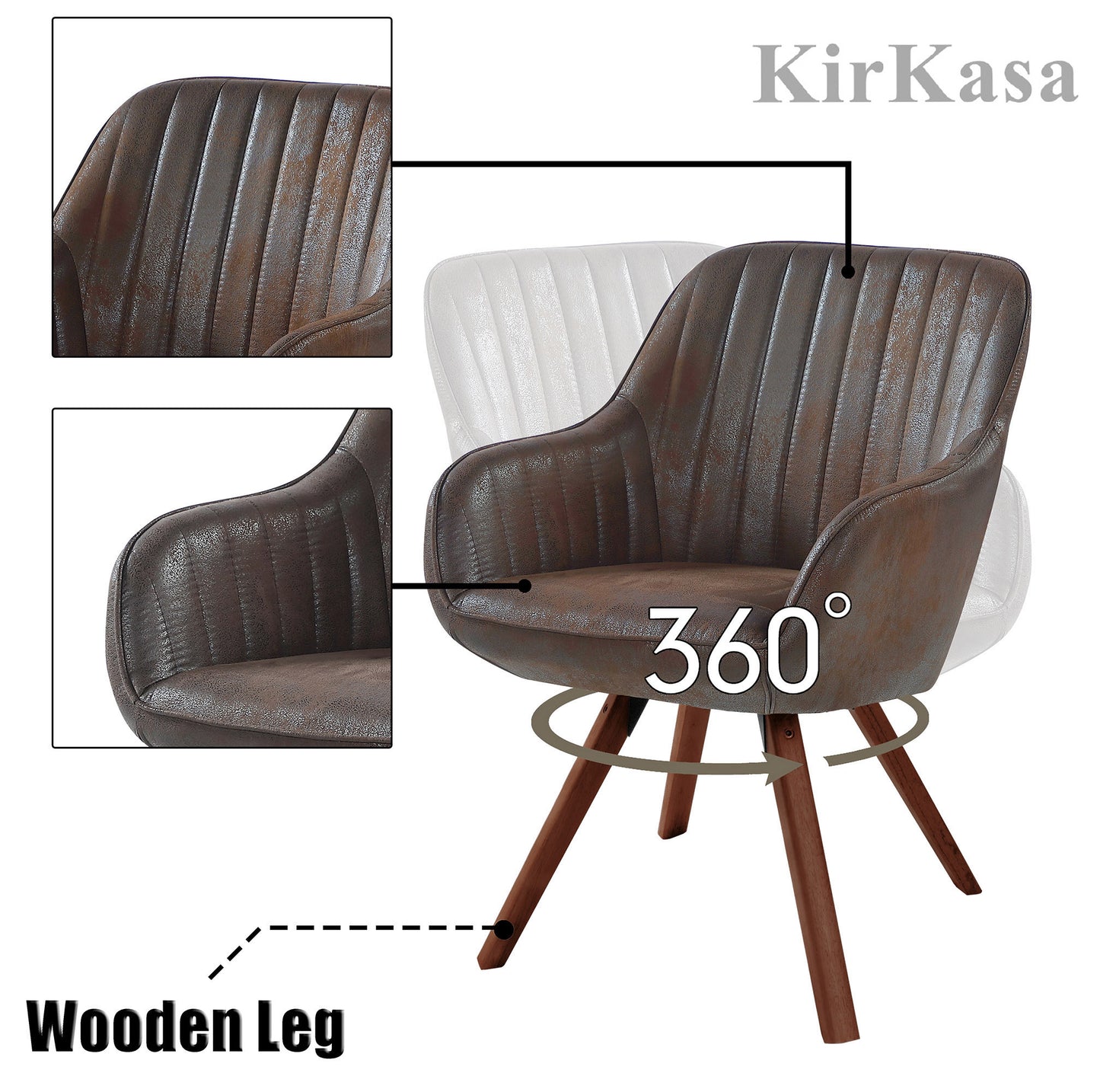 KirKasa Mid Century Modern Desk Chair No Wheels Swivel Accent Home Office Chair with Walnut Color Wood Legs for Living Room, Brown