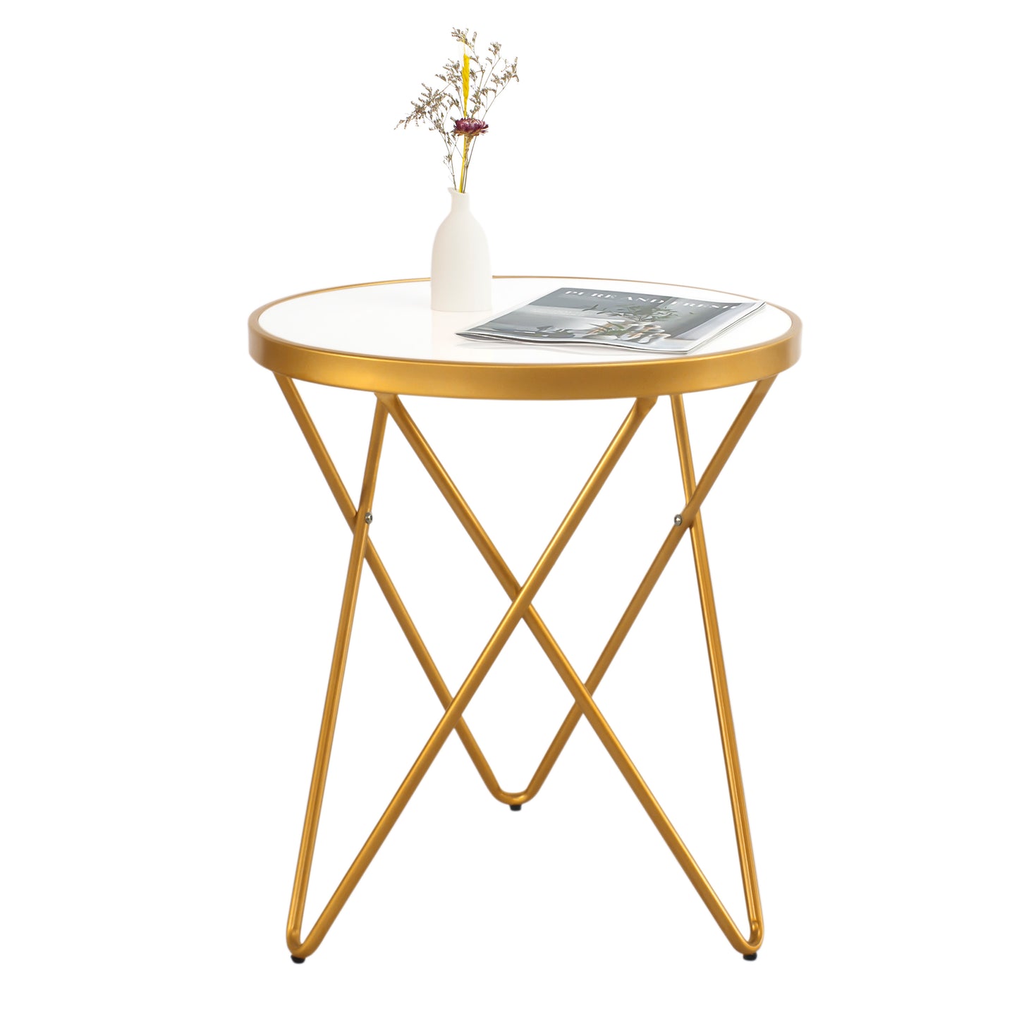 KirKasa Round End Table with White Tempered Glass Golden Legs and Metal Frame, Mid Century Modern Side Table for Small Space Living Room