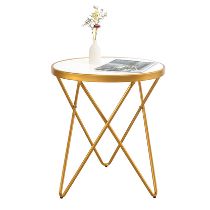 KirKasa Round End Table with White Tempered Glass Golden Legs and Metal Frame, Mid Century Modern Side Table for Small Space Living Room