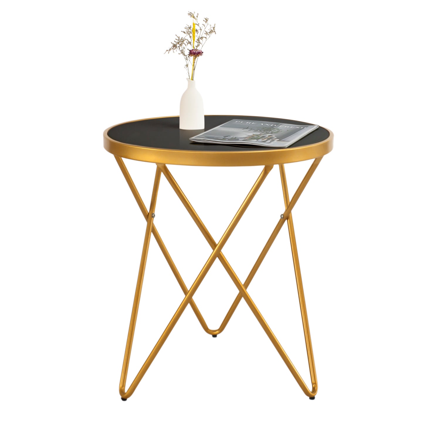 KirKasa Round End Table with White Tempered Glass Golden Legs and Metal Frame, Mid Century Modern Side Table for Small Space Living Room