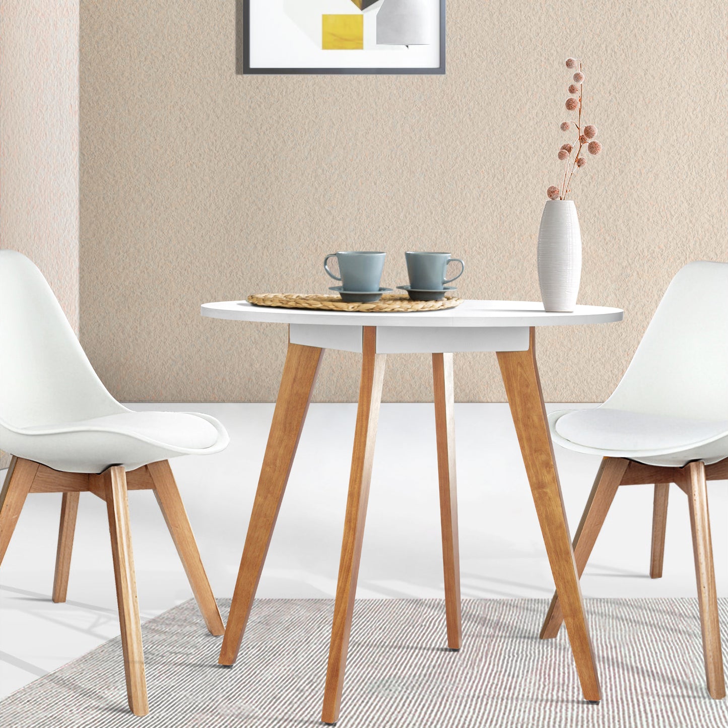 KirKasa Small Kitchen Table - 31.5" Round Dining Table, White Table with Walnut Wood Finish, Mid Century Modern Style for Dinning, Dinner, Breakfast, Narrow Space, 2 to 4 People