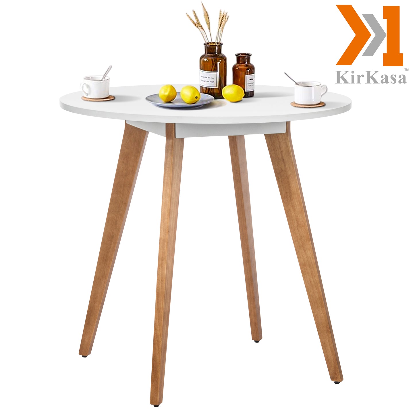 KirKasa Small Kitchen Table - 31.5" Round Dining Table, White Table with Walnut Wood Finish, Mid Century Modern Style for Dinning, Dinner, Breakfast, Narrow Space, 2 to 4 People