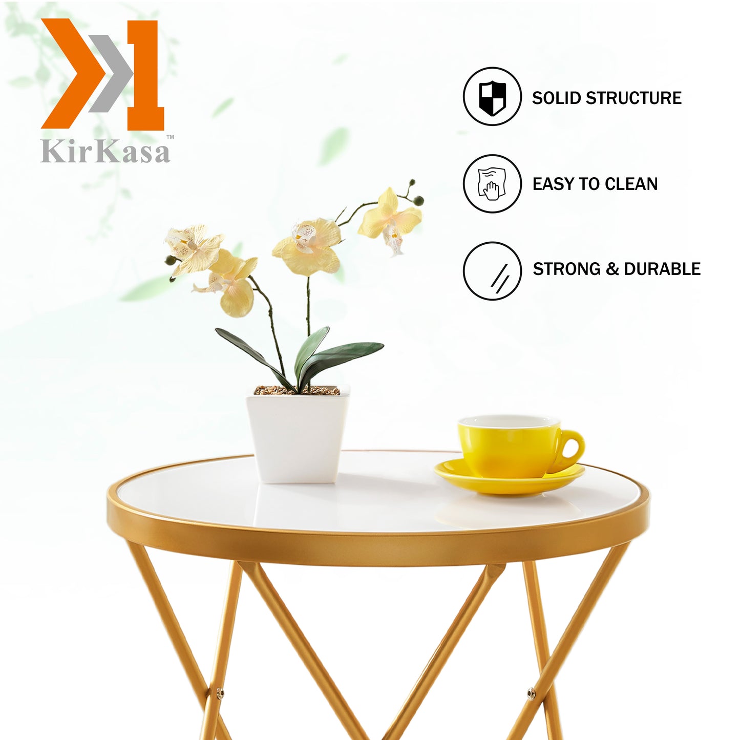 KirKasa Round End Table with White Tempered Glass Golden Legs and Metal Frame, Mid Century Modern Side Table for Small Space Living Room