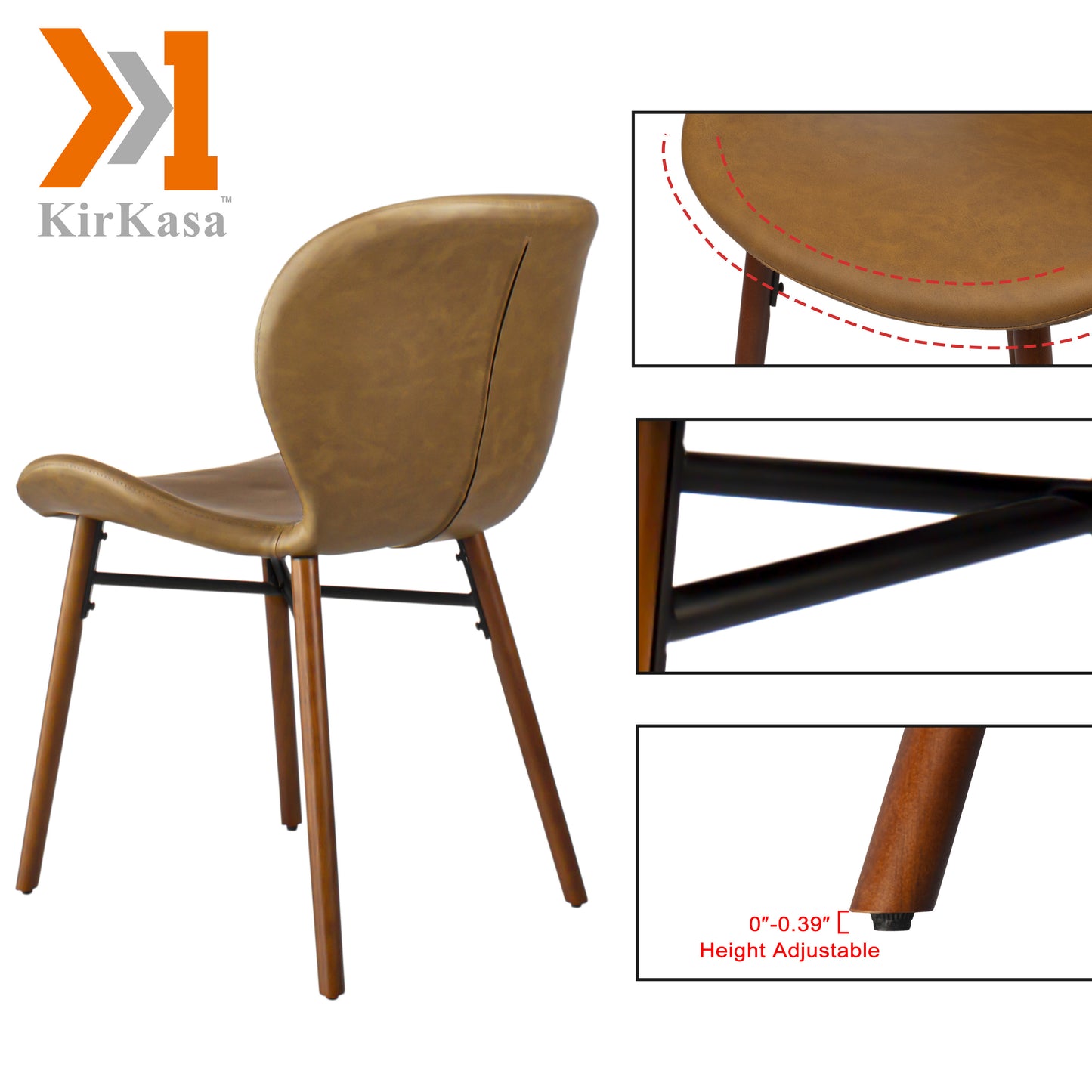 KirKasa Mid Century Modern Dining Chair Set of 2 Faux Leather Side Chair with Walnut Color Wood Legs for Kitchen Dining Room, Brown