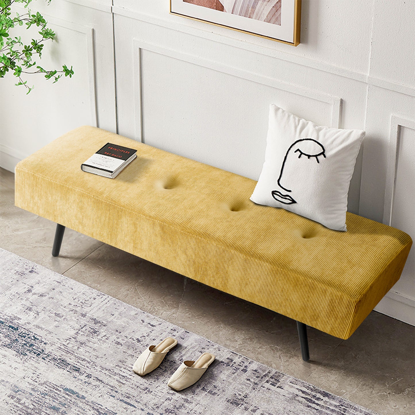 KirKasa Entryway Bench - Yellow Bench for Bedroom, Modern Ottoman End of Bed, Corduroy Padded Benches for Living Room, Foyer, Mudroom, Hallway - 39" L x 14" W x 17" H