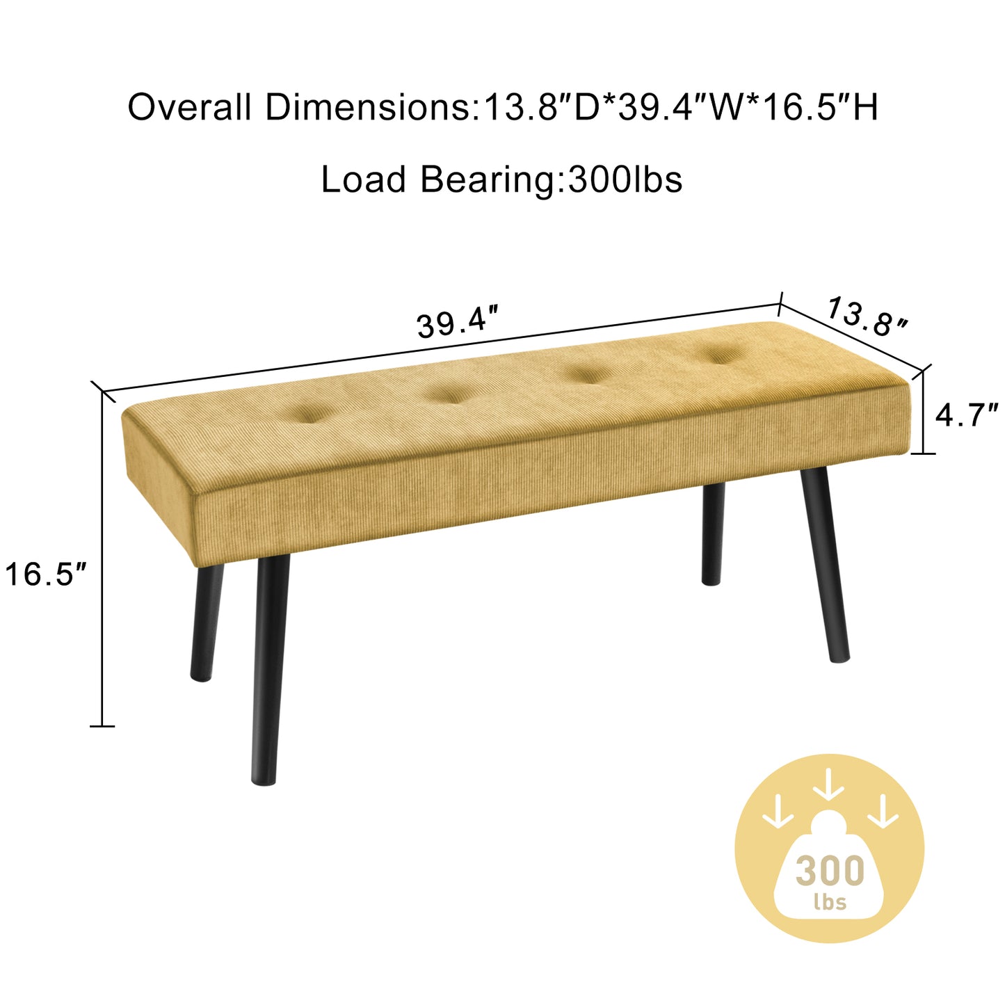 KirKasa Entryway Bench - Yellow Bench for Bedroom, Modern Ottoman End of Bed, Corduroy Padded Benches for Living Room, Foyer, Mudroom, Hallway - 39" L x 14" W x 17" H