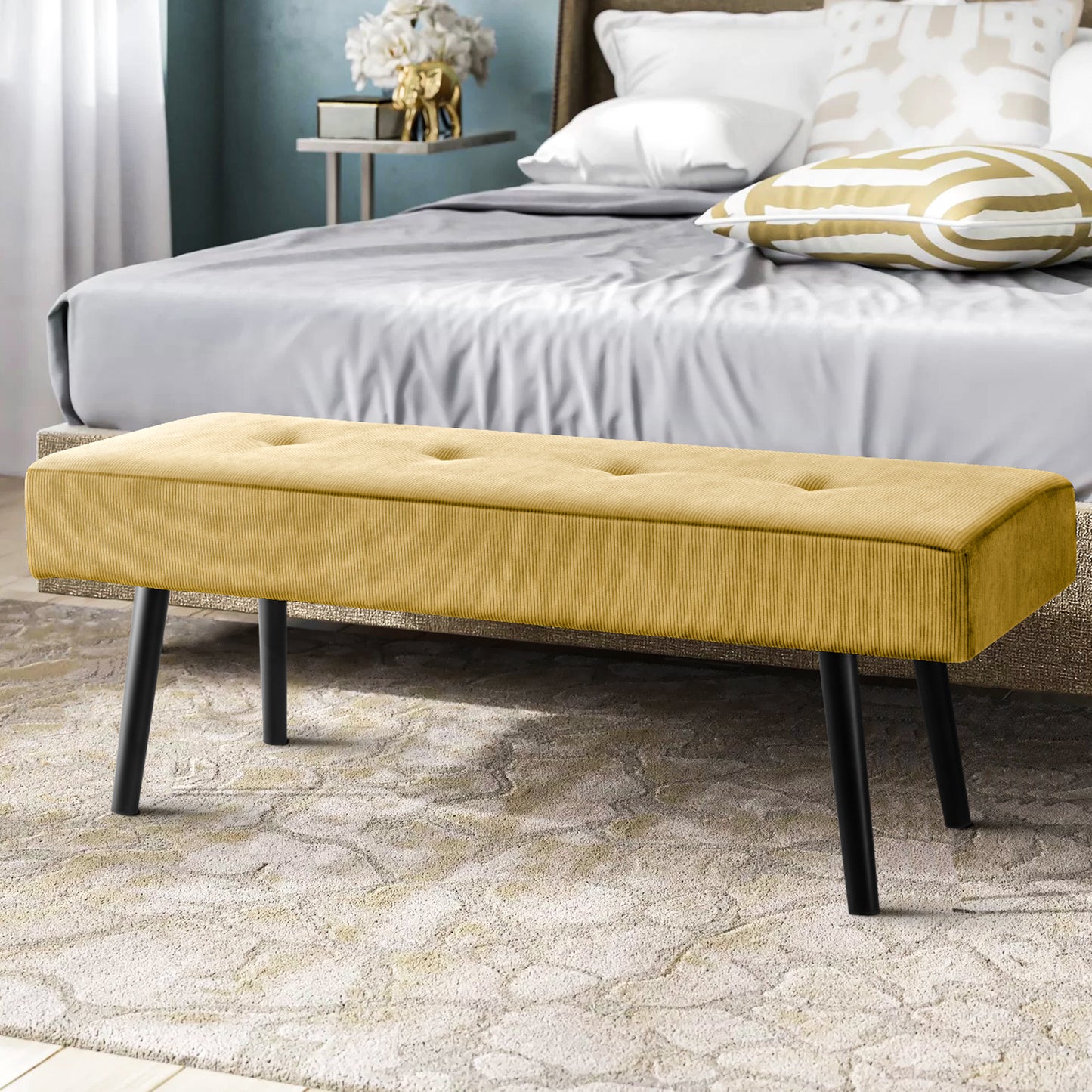 KirKasa Entryway Bench - Yellow Bench for Bedroom, Modern Ottoman End of Bed, Corduroy Padded Benches for Living Room, Foyer, Mudroom, Hallway - 39" L x 14" W x 17" H