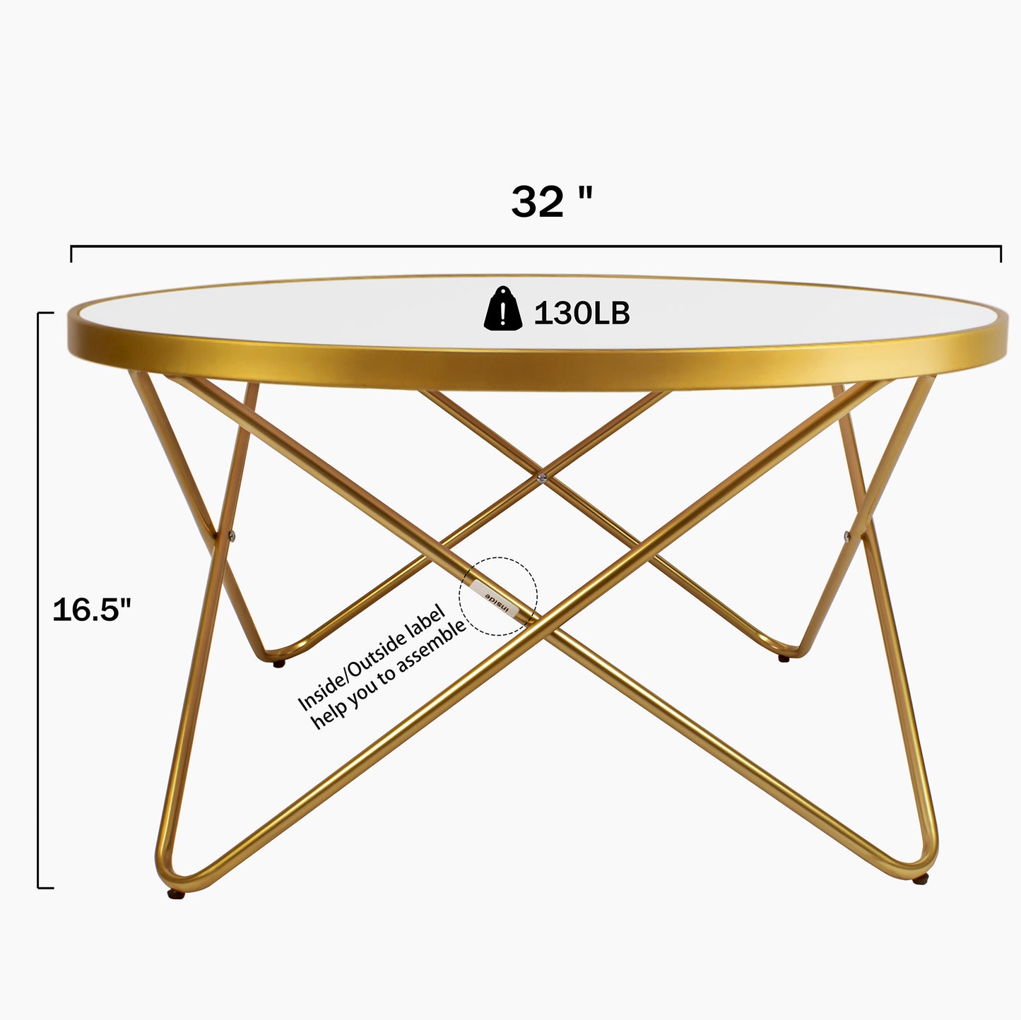 KirKasa Mid Century Modern Round Gold Coffee Table with White Glass and Metal Frame Central Table for Living Room Recepetion Room