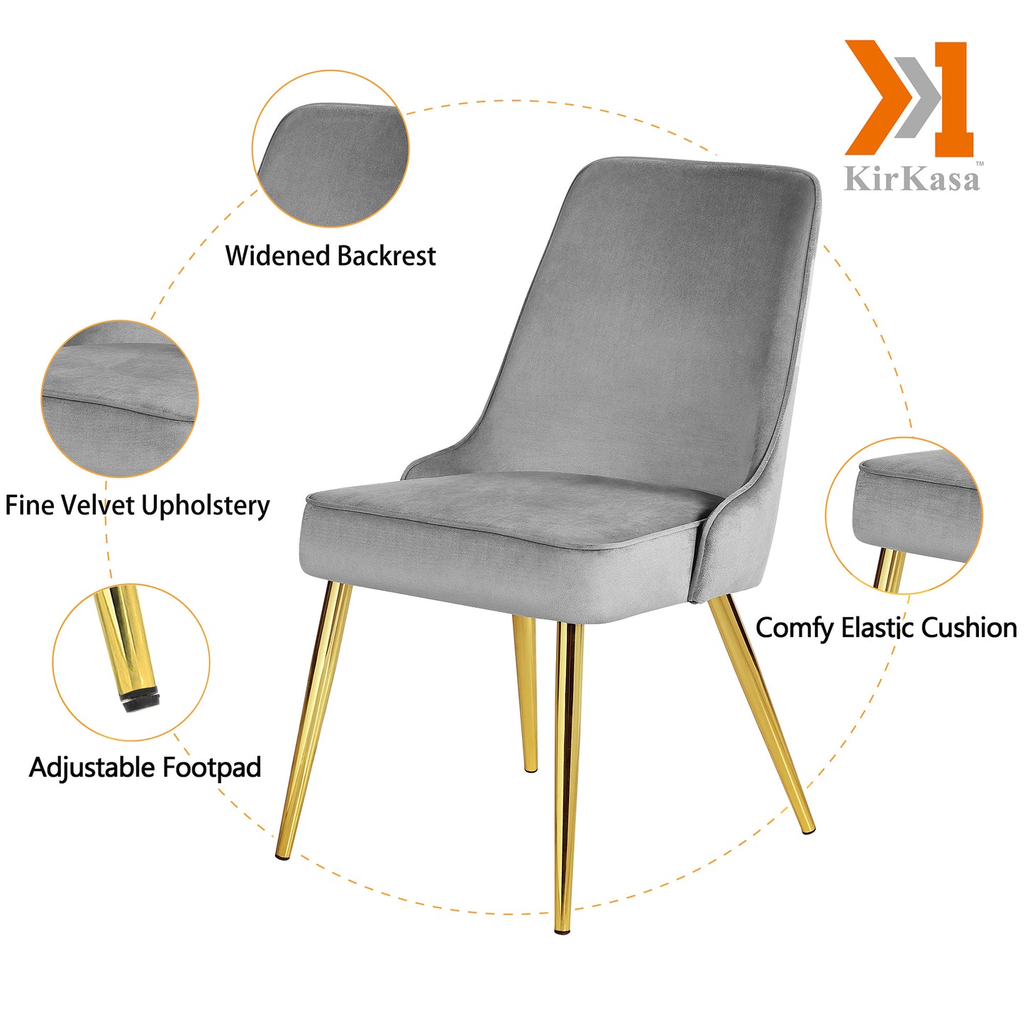 KirKasa Upholstered Dining Chairs Sets of 2 Mid-Century Modern Desk Comfy Side Chair with Gold Legs for Kitchen Living Room